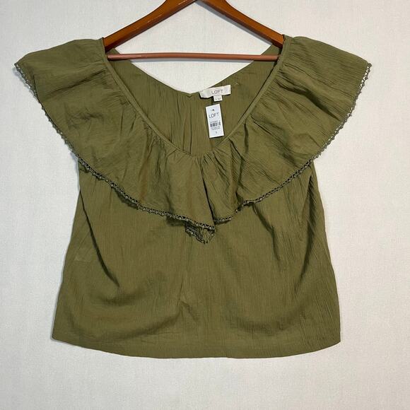 LOFT Women's‎ Green V-Neck Ruffle Flutter Sleeve Blouse Top - Size S - Picture 2 of 7